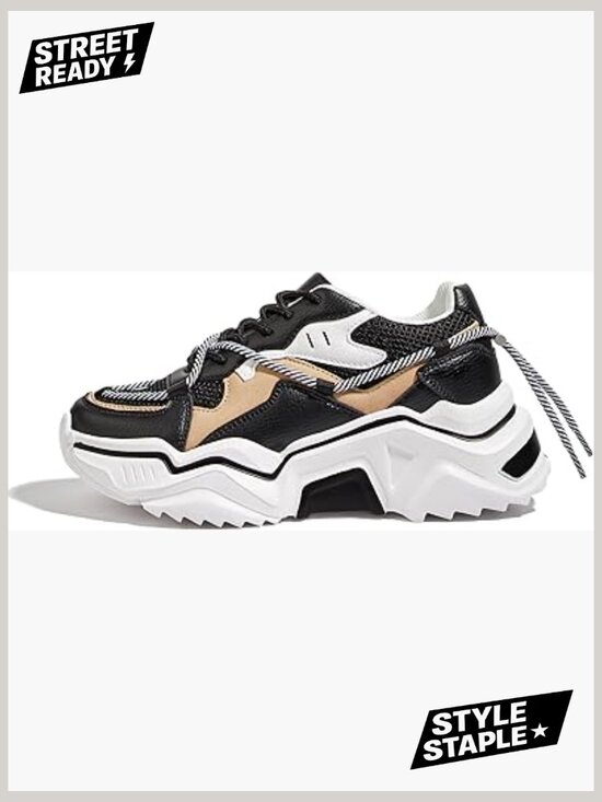 Shoes - Chunky Platform Sneakers Retro Colorblock Casual Walking Shoes Lace-up